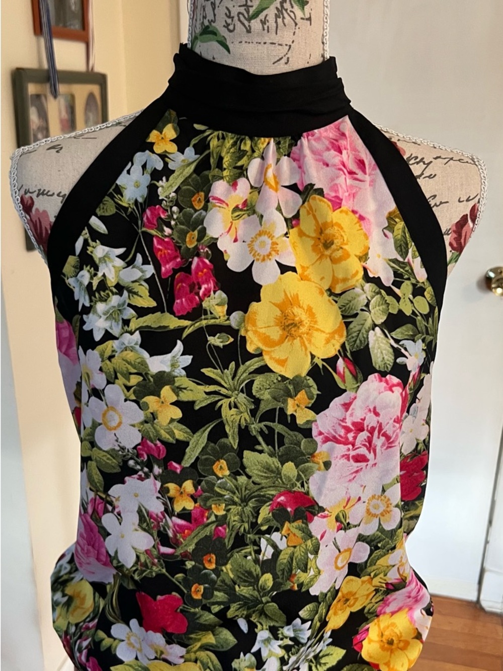 New York & Company Black Floral Halter Top with Yellow, Pink & Green